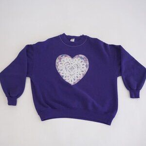 Vintage Jerzees Purple Lace Heart Appliqué Sweatshirt Cabincore Cottagecore 2X